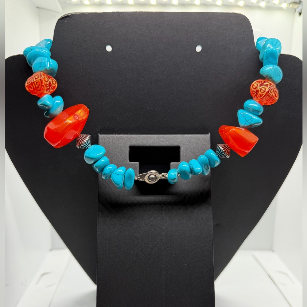 Turquoise and Red Beaded Necklace with Cross Pendant - Picture 3 of 3